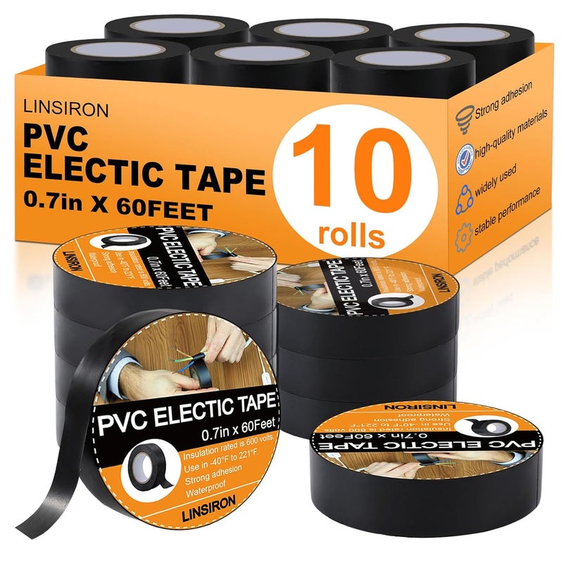 LINSIRON 10 Pack Black Electrical Tape Waterproof, 3/4In x 60Ft, Bulk Pvc High Temperature Electric Tape, Vinyl Wire Harness Insulating Tape for Home Outdoor Electrical, Repairs, Automotive, Equipment - Image 1
